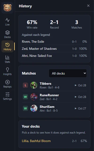 Match history: one line per match with result, legend, score and date